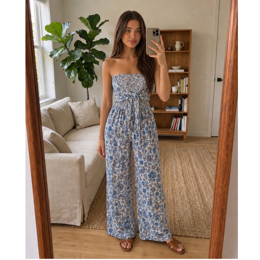 Patrons Of Peace Floral Wide Leg Jumpsuit S Blue Paisley Smocked Strapless Boho